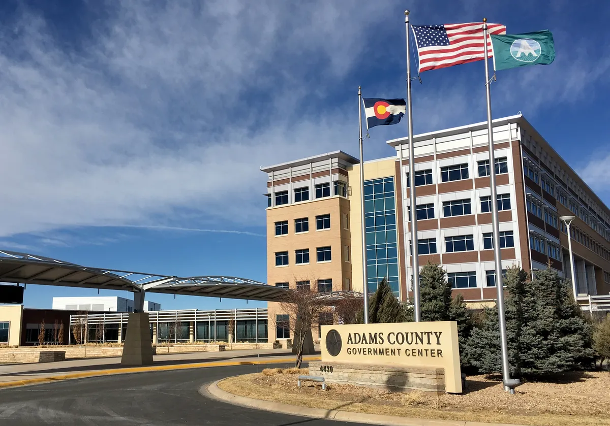 The Adams County Government Center building in Brighton, Colorado