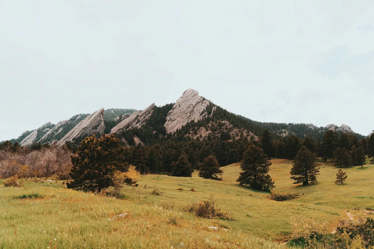 The Flatirons rock formations near Boulder, Colorado, seen across a meadow