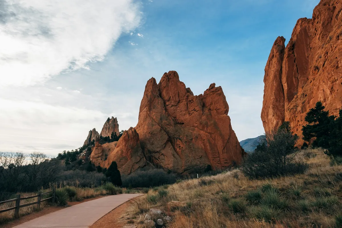 Red rock spires along a path at Garden of the Gods, Colorado Springs